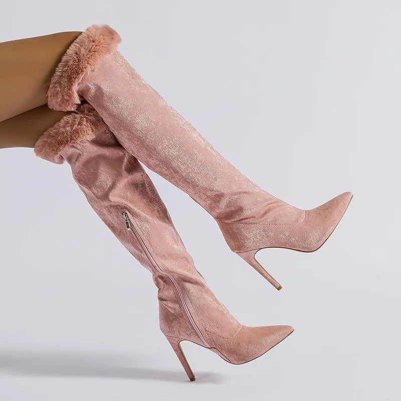 Pointed Toe Thin Heeled Fuzzy Boots