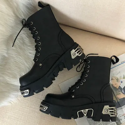 Punk Style Platform Women Ankle Boots Metal Decor Black BIG size