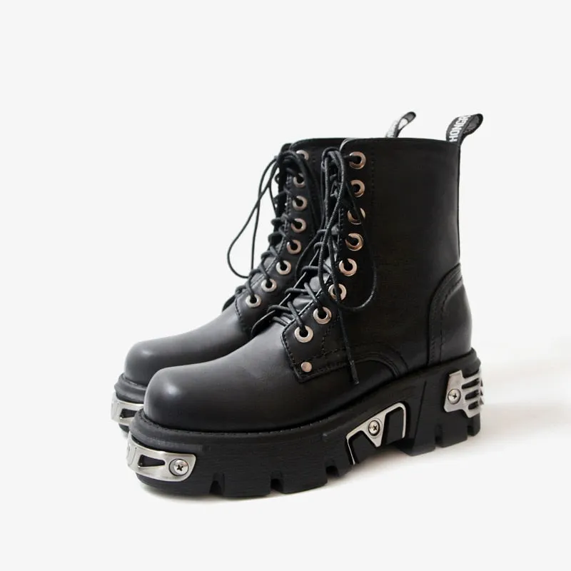 Punk Style Platform Women Ankle Boots Metal Decor Black BIG size