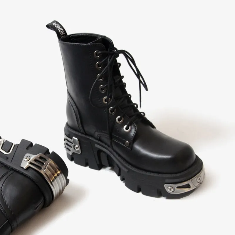 Punk Style Platform Women Ankle Boots Metal Decor Black BIG size