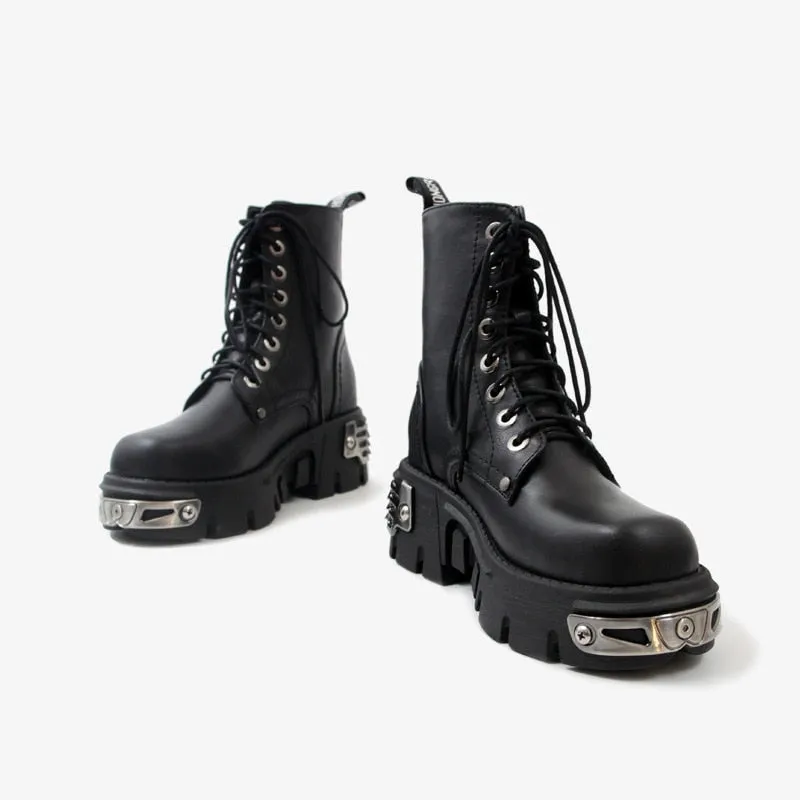 Punk Style Platform Women Ankle Boots Metal Decor Black BIG size
