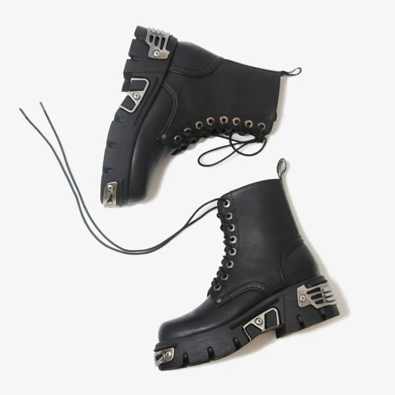 Punk Style Platform Women Ankle Boots Metal Decor Black BIG size