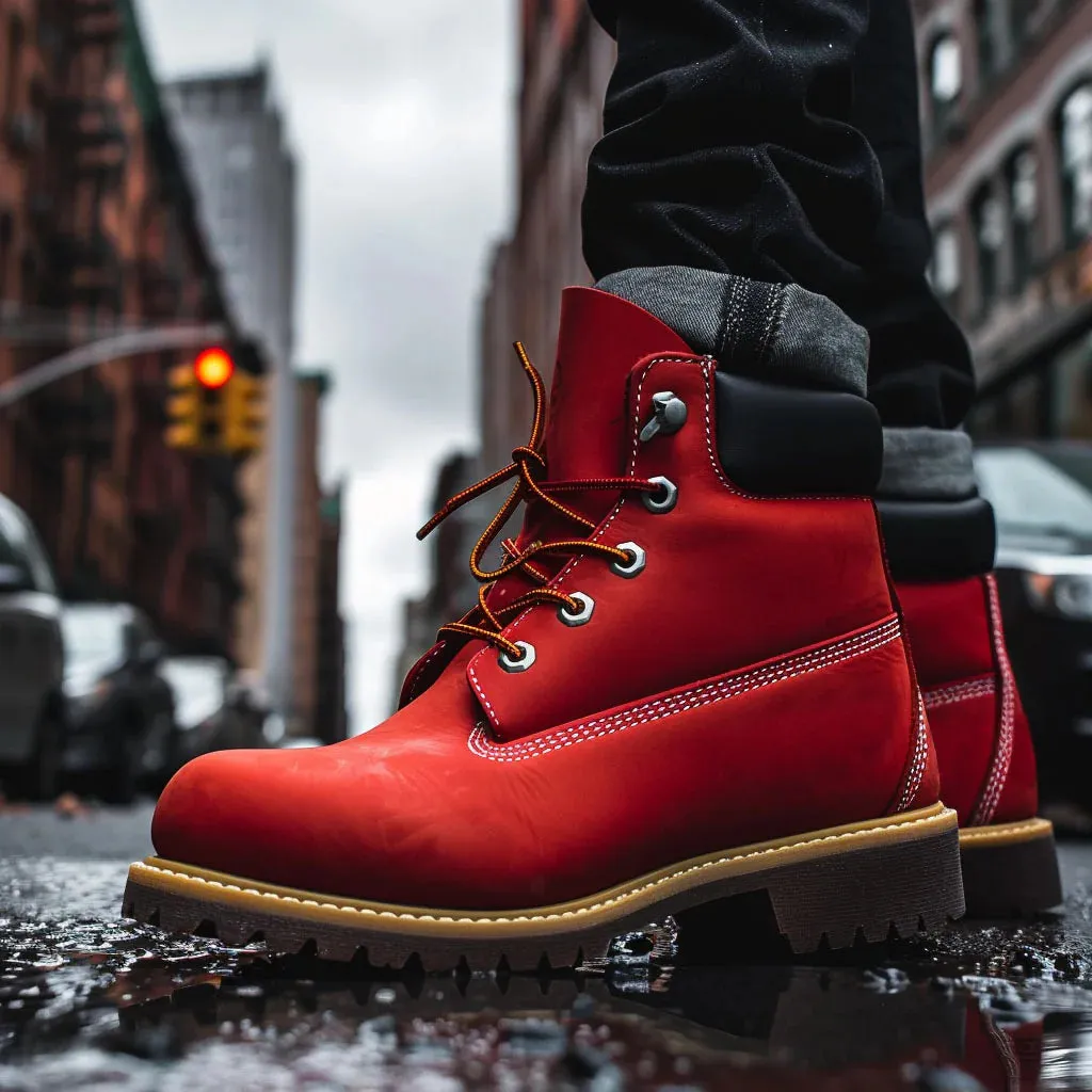 Red Nubuck Leather Appoggio Ankle Rugged Lace Up Combat Hiking Boots with Chunky Track Sole