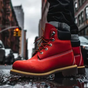 Red Nubuck Leather Appoggio Ankle Rugged Lace Up Combat Hiking Boots with Chunky Track Sole