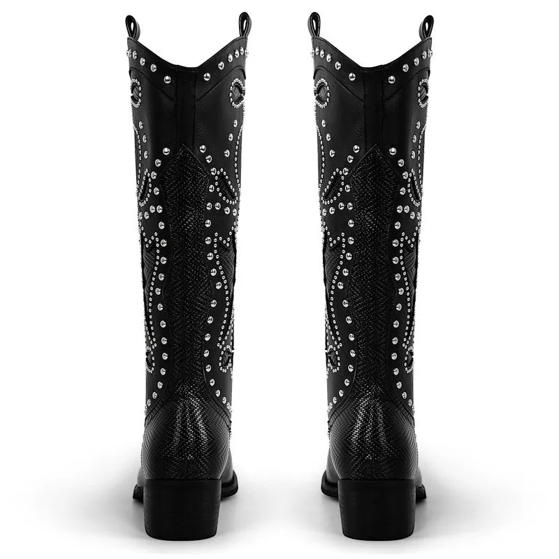 Rivet Cowboy Patchwork Mid-Calf Boots