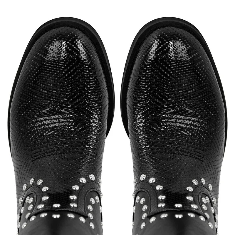 Rivet Cowboy Patchwork Mid-Calf Boots
