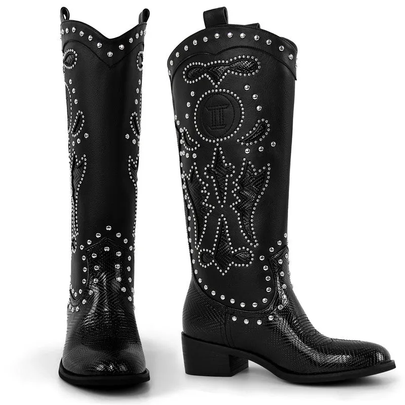 Rivet Cowboy Patchwork Mid-Calf Boots