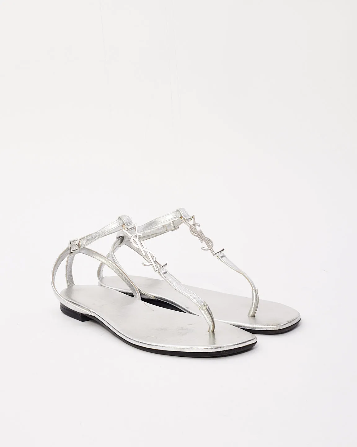 Saint Laurent Silver Leather YSL Logo Cassandra Sandals - 37