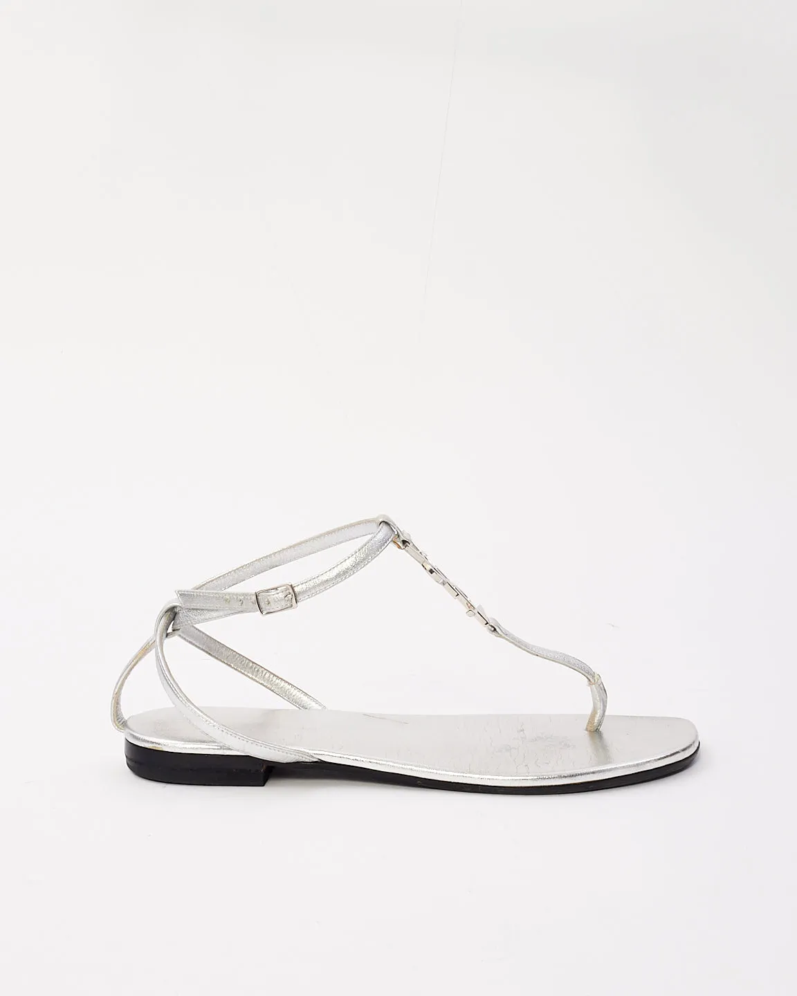 Saint Laurent Silver Leather YSL Logo Cassandra Sandals - 37