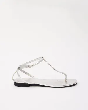 Saint Laurent Silver Leather YSL Logo Cassandra Sandals - 37