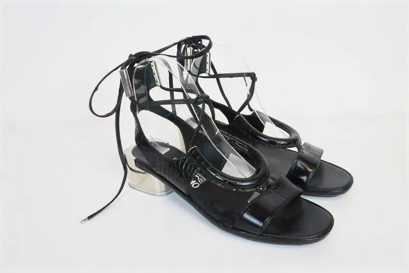 Salvatore Ferragamo Lace-Up Sandals Glorja Black Croc-Effect Leather Size 7.5