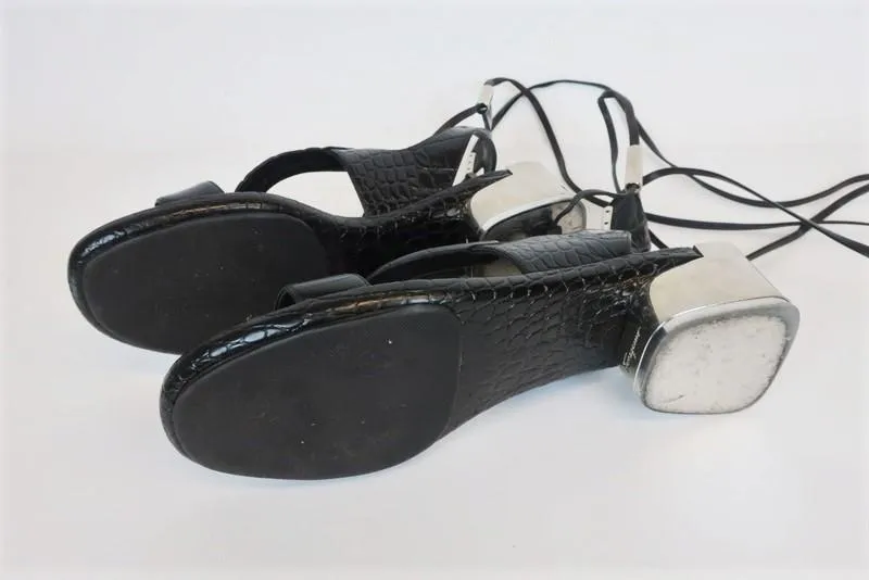 Salvatore Ferragamo Lace-Up Sandals Glorja Black Croc-Effect Leather Size 7.5