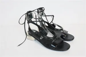 Salvatore Ferragamo Lace-Up Sandals Glorja Black Croc-Effect Leather Size 7.5
