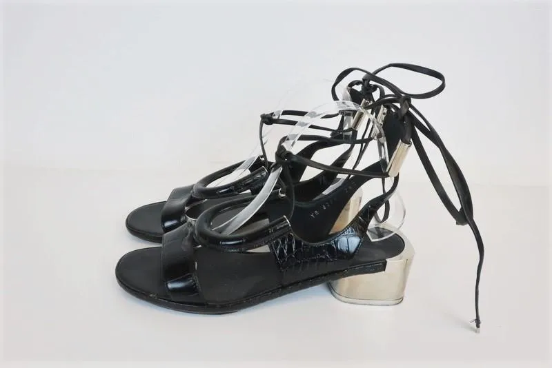 Salvatore Ferragamo Lace-Up Sandals Glorja Black Croc-Effect Leather Size 7.5