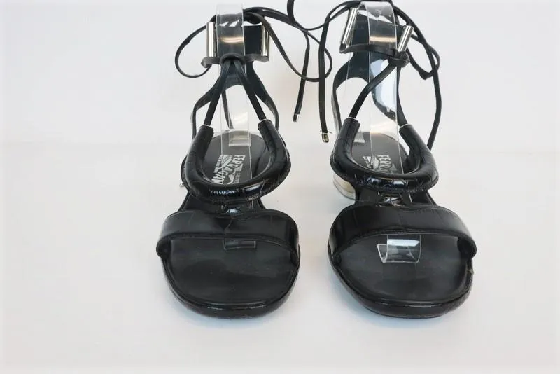Salvatore Ferragamo Lace-Up Sandals Glorja Black Croc-Effect Leather Size 7.5