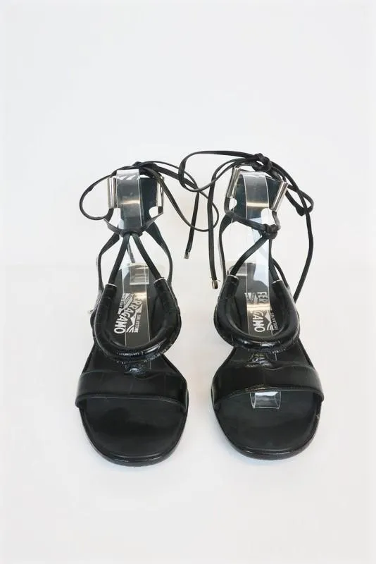 Salvatore Ferragamo Lace-Up Sandals Glorja Black Croc-Effect Leather Size 7.5