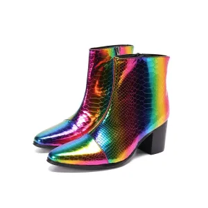 Sparkling Colorful Men Party Boots Increase Height Mid Heel Ankle Boots