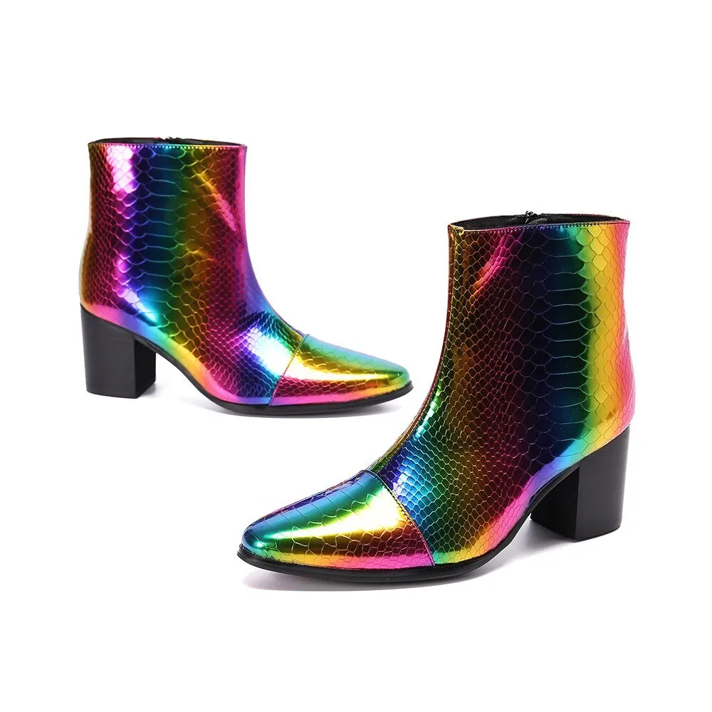 Sparkling Colorful Men Party Boots Increase Height Mid Heel Ankle Boots
