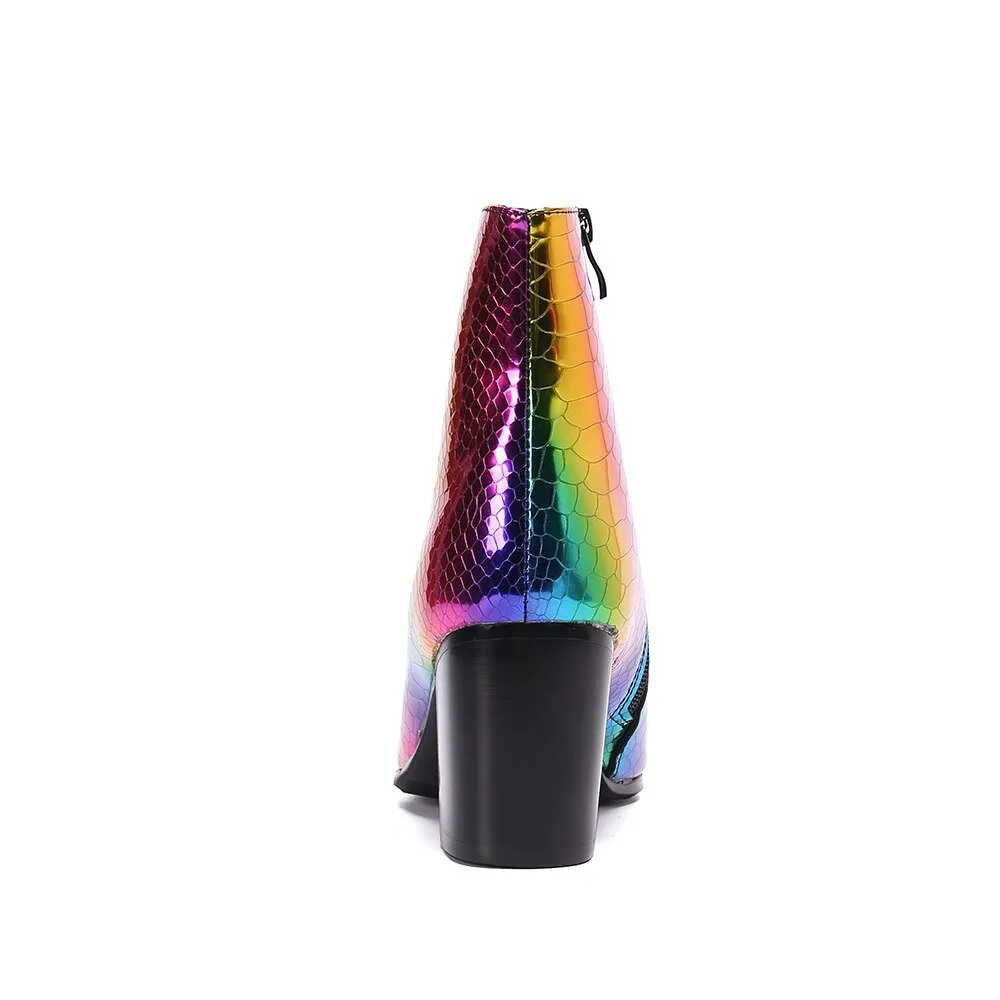 Sparkling Colorful Men Party Boots Increase Height Mid Heel Ankle Boots