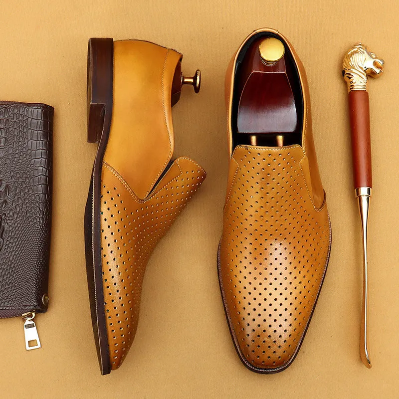 Top Layer Cowhide Men's Leather Shoes Hollow Leather Shoes Men's Summer Business Formal Wear Leather Sandals Genuine Leather Breathable Lazy Loafers Men's Shoes68899