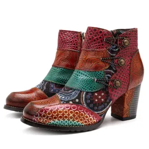 Vintage Splicing Printed Ankle Boots For Women Shoes Woman Genuine Leather Retro Block High Heels Women Boots 2020