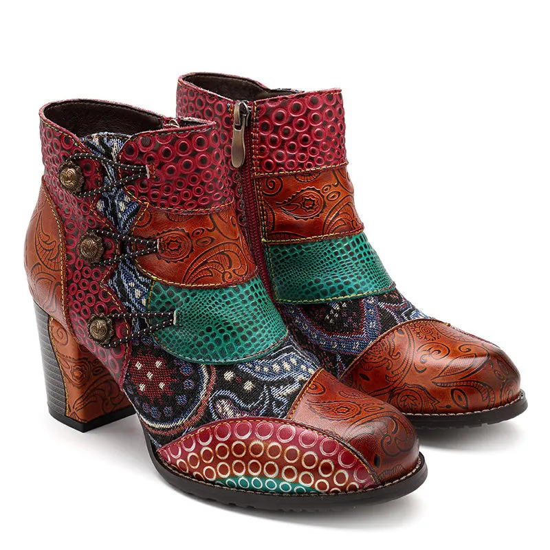 Vintage Splicing Printed Ankle Boots For Women Shoes Woman Genuine Leather Retro Block High Heels Women Boots 2020