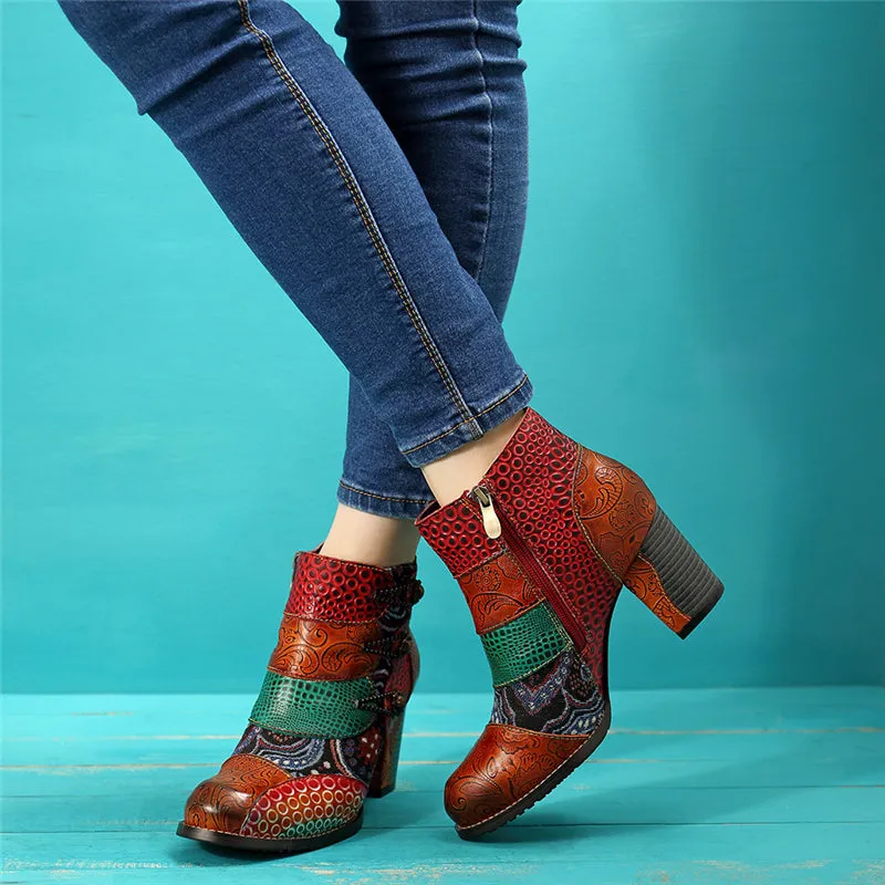 Vintage Splicing Printed Ankle Boots For Women Shoes Woman Genuine Leather Retro Block High Heels Women Boots 2020