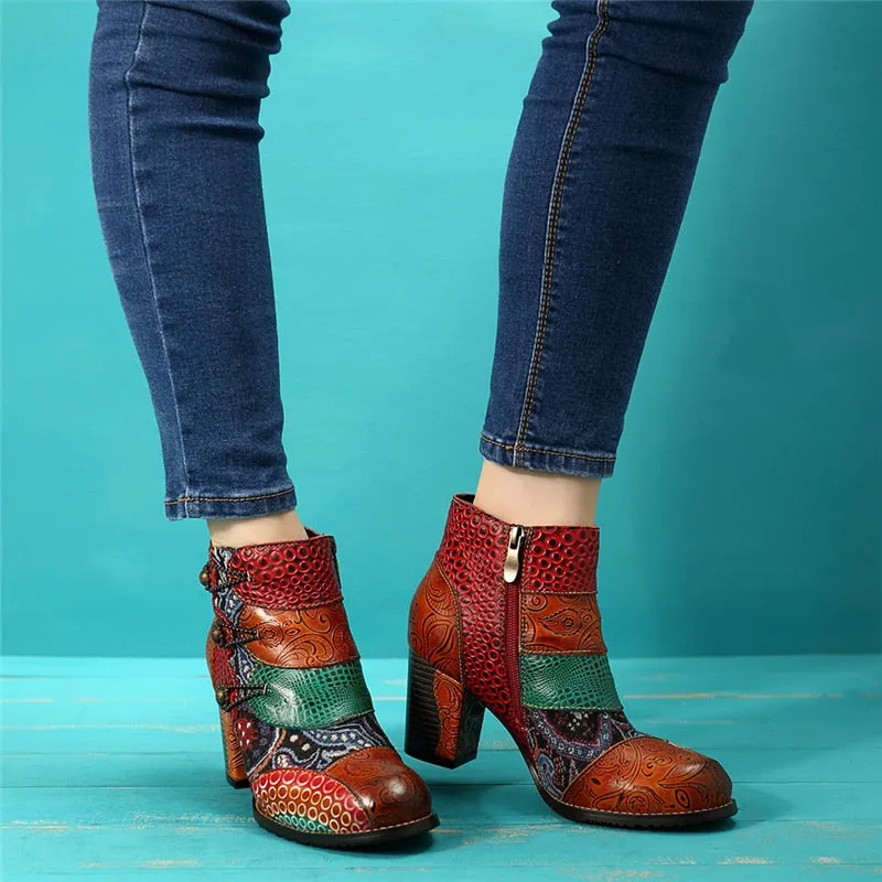 Vintage Splicing Printed Ankle Boots For Women Shoes Woman Genuine Leather Retro Block High Heels Women Boots 2020