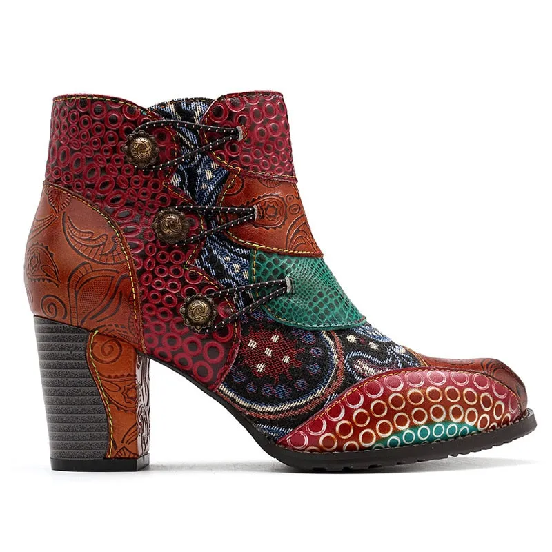 Vintage Splicing Printed Ankle Boots For Women Shoes Woman Genuine Leather Retro Block High Heels Women Boots 2020