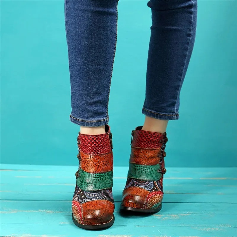 Vintage Splicing Printed Ankle Boots For Women Shoes Woman Genuine Leather Retro Block High Heels Women Boots 2020