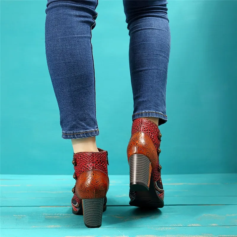Vintage Splicing Printed Ankle Boots For Women Shoes Woman Genuine Leather Retro Block High Heels Women Boots 2020