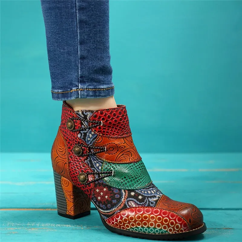 Vintage Splicing Printed Ankle Boots For Women Shoes Woman Genuine Leather Retro Block High Heels Women Boots 2020