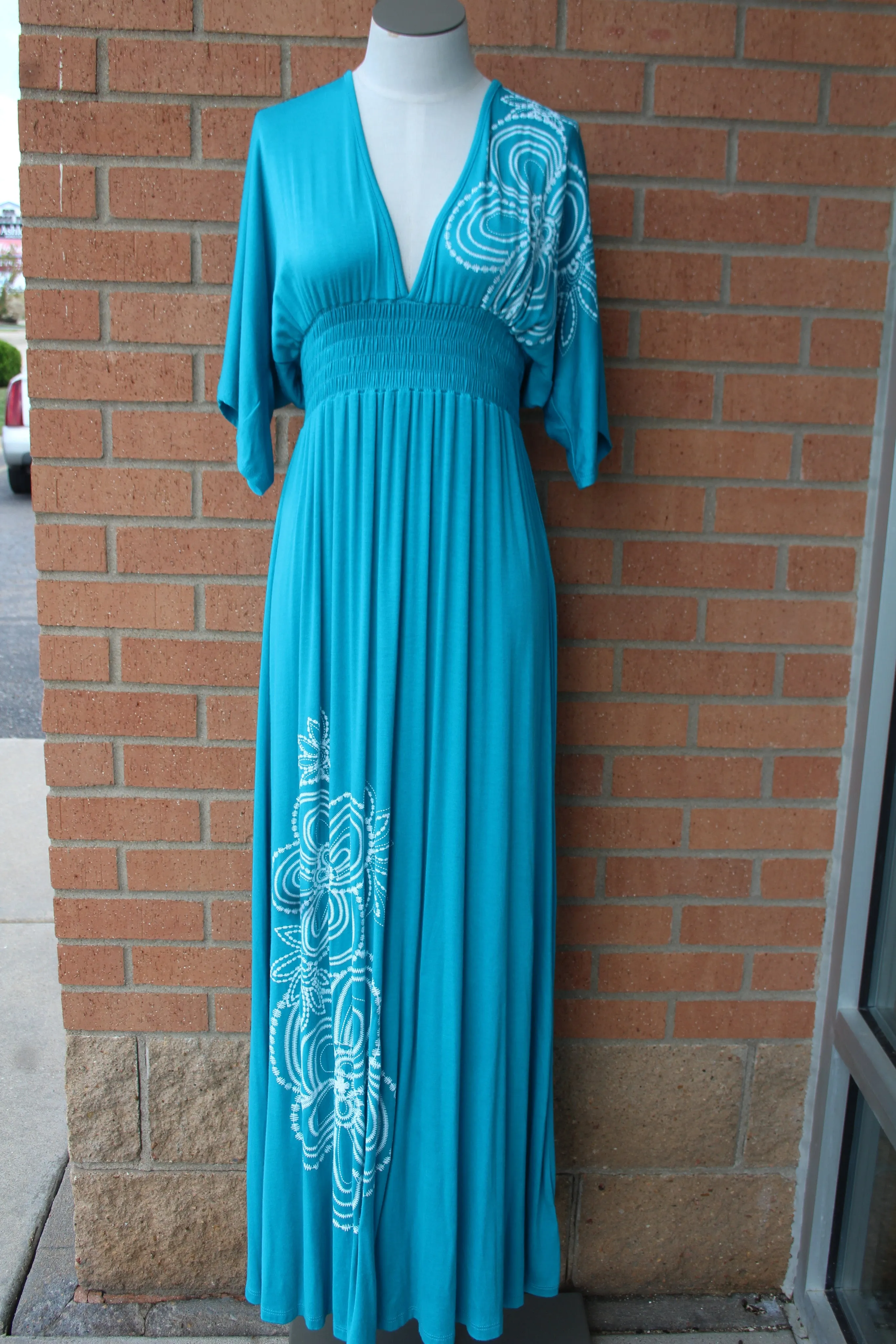 Voll | Long Bright Teal & White Design Maxi Dress