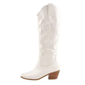 White Embroidery Wooden Heel Western Boots