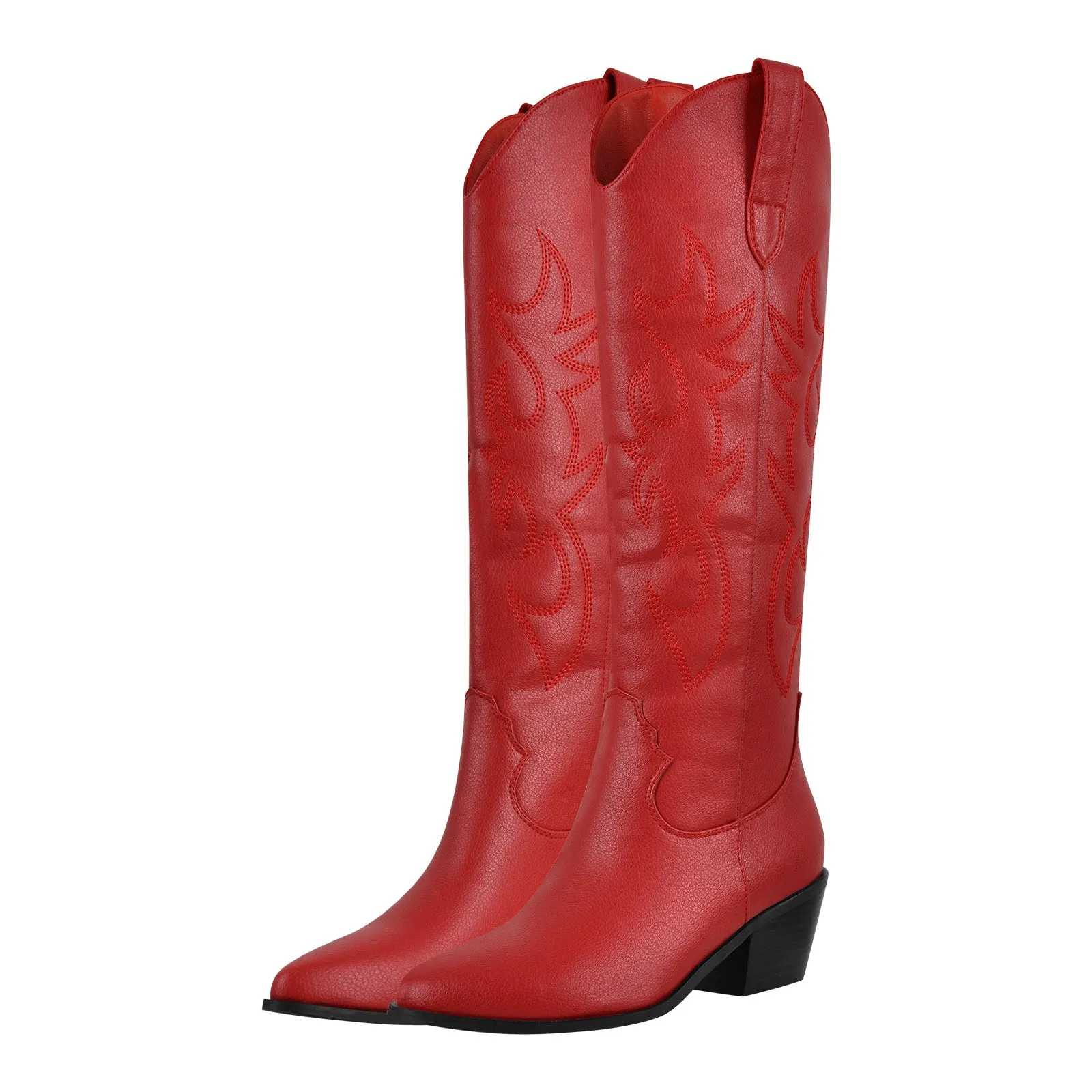 White Embroidery Wooden Heel Western Boots