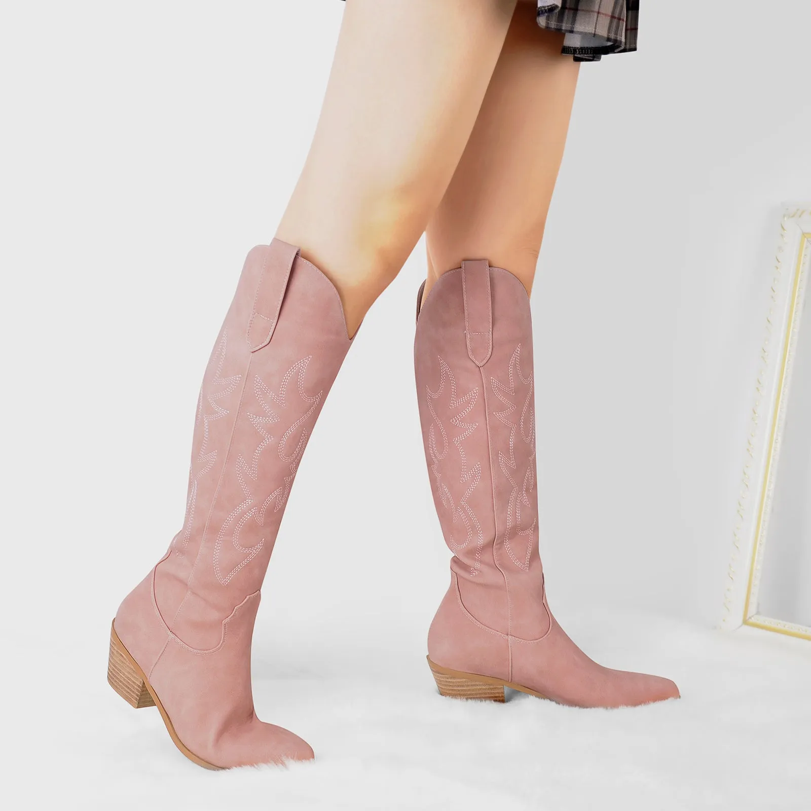 White Embroidery Wooden Heel Western Boots