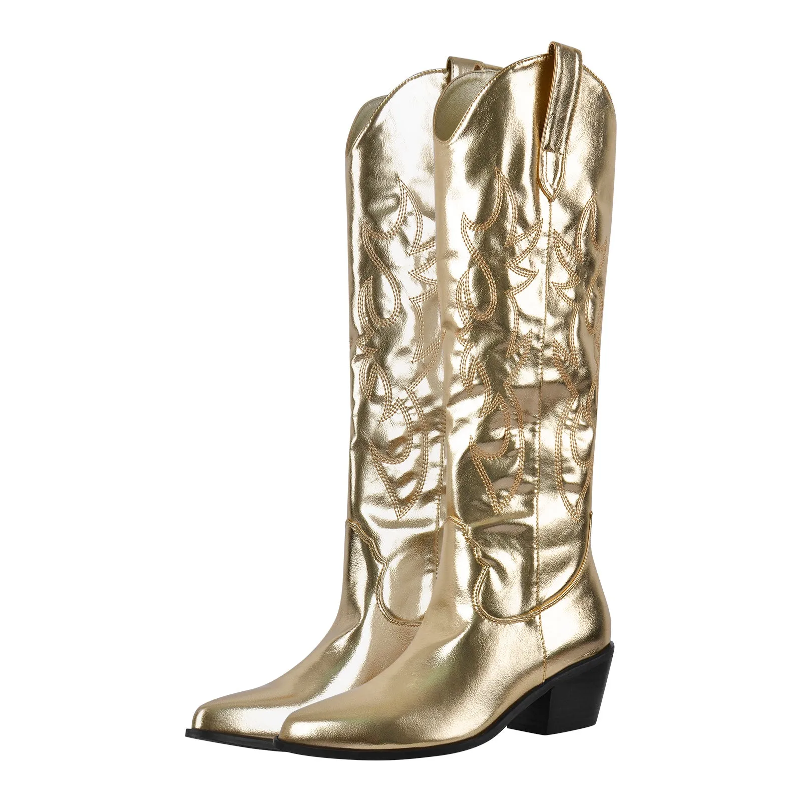 White Embroidery Wooden Heel Western Boots