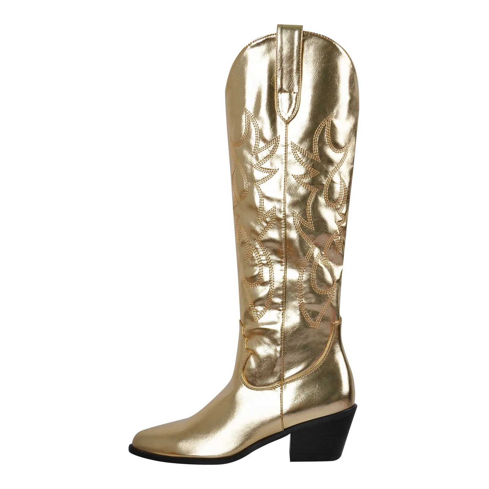 White Embroidery Wooden Heel Western Boots