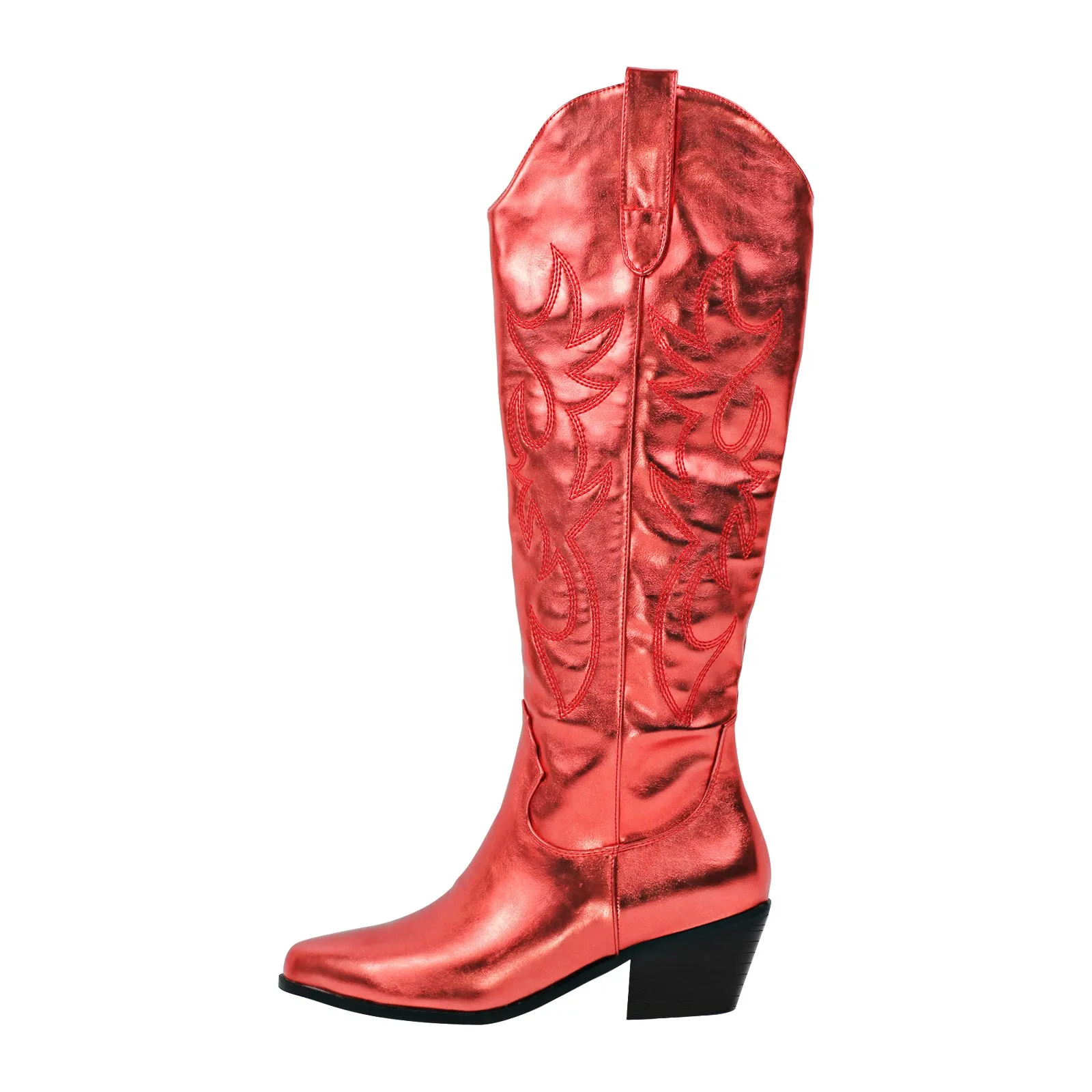 White Embroidery Wooden Heel Western Boots