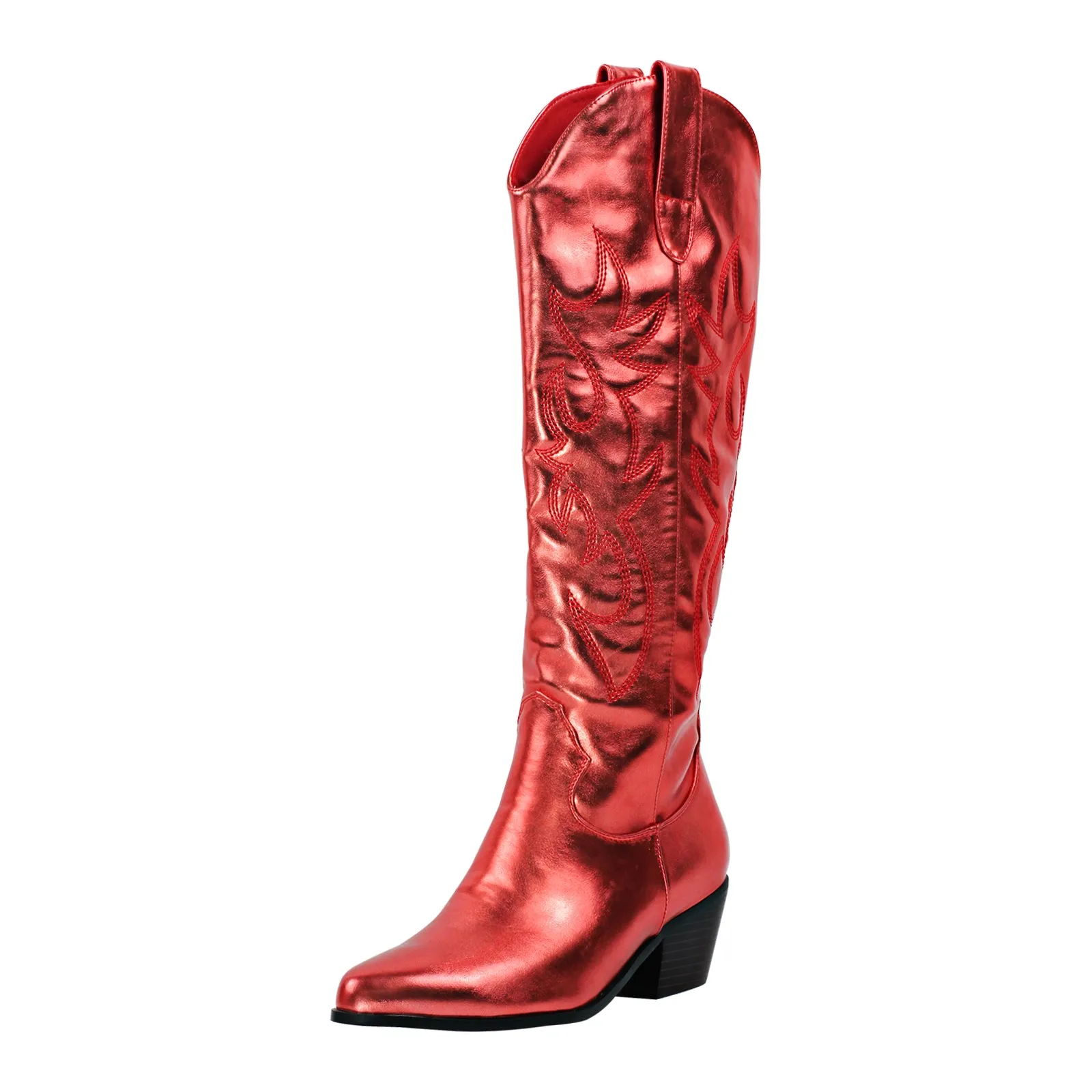 White Embroidery Wooden Heel Western Boots