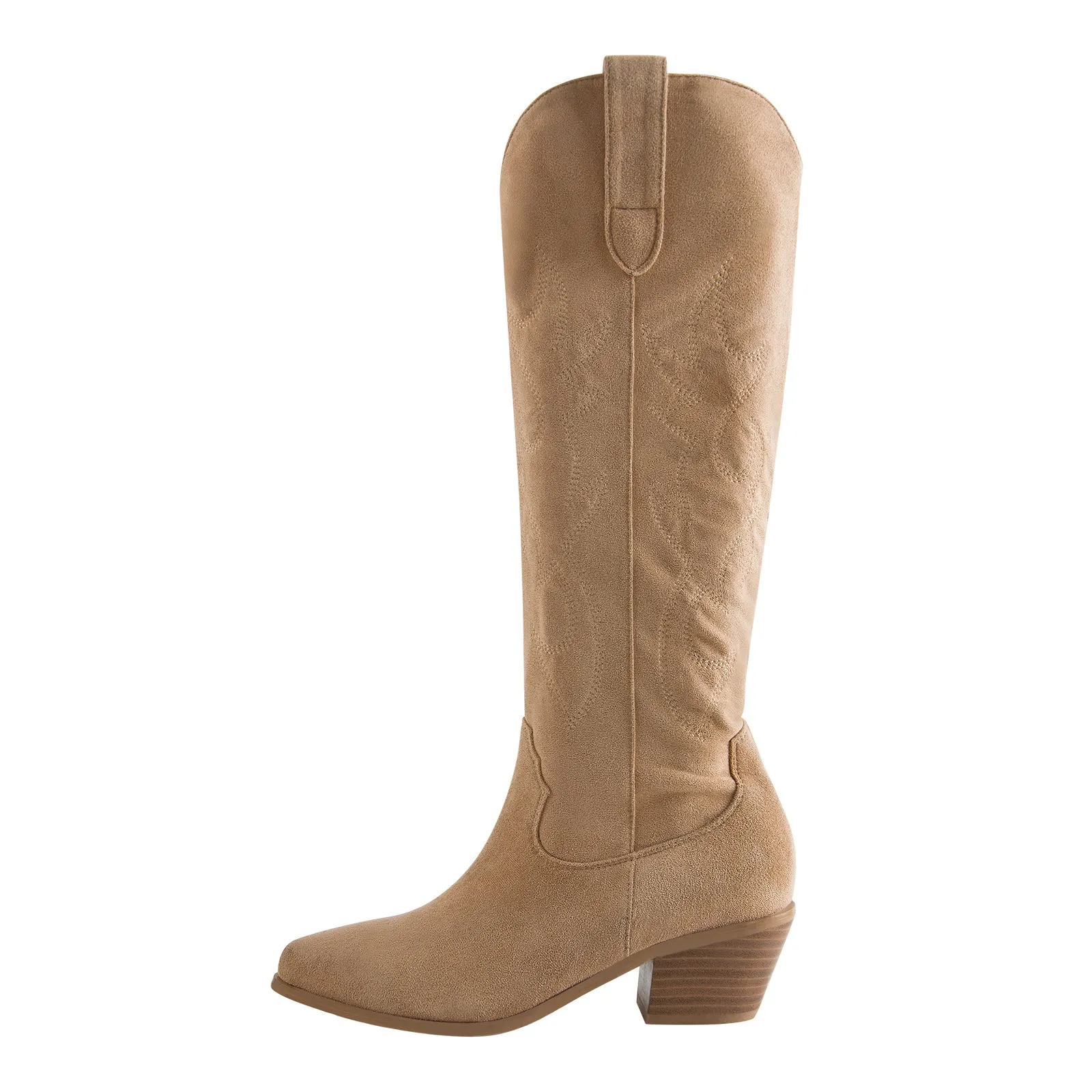 White Embroidery Wooden Heel Western Boots