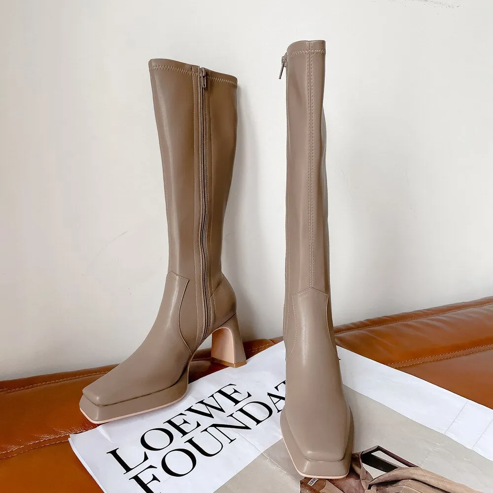 Women cowhide Microfiber stretch boots Chunky heel side zip skinny boots