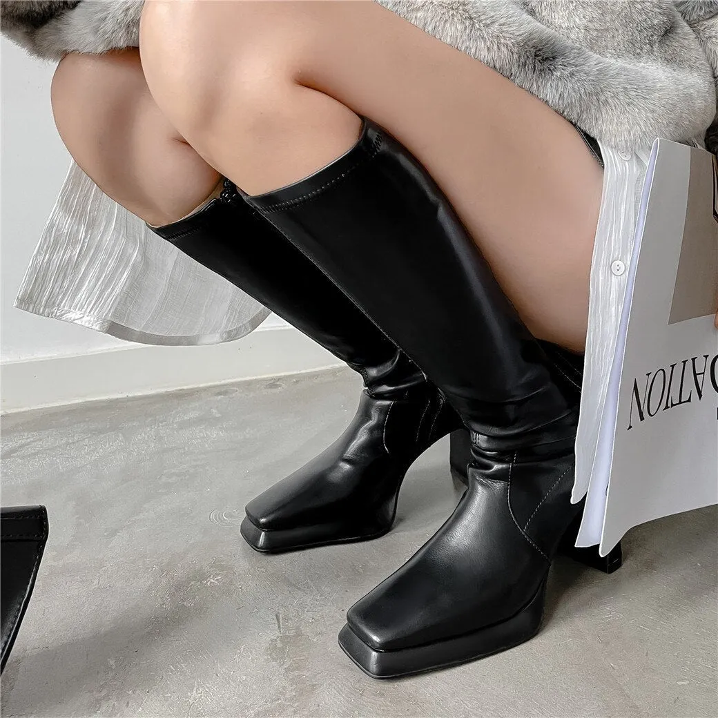 Women cowhide Microfiber stretch boots Chunky heel side zip skinny boots