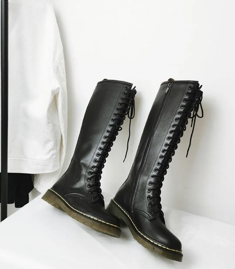 Women Knight Boots Round Toe Cross Tied Side