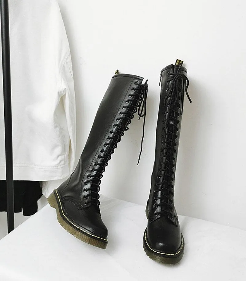 Women Knight Boots Round Toe Cross Tied Side