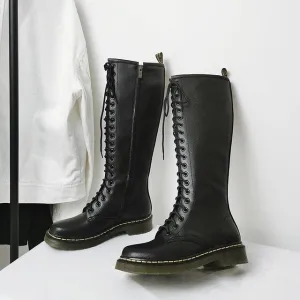 Women Knight Boots Round Toe Cross Tied Side