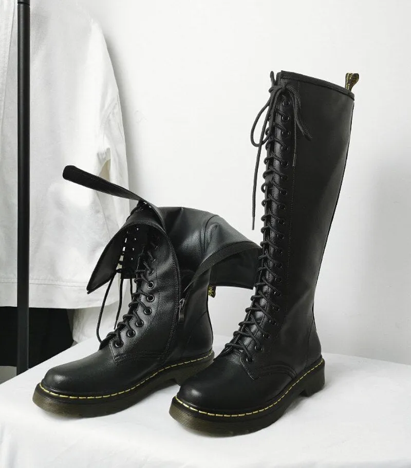 Women Knight Boots Round Toe Cross Tied Side