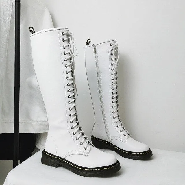 Women Knight Boots Round Toe Cross Tied Side
