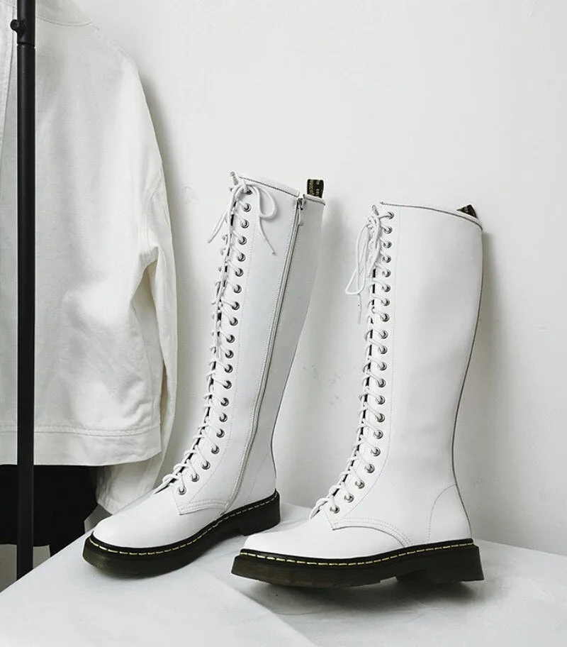 Women Knight Boots Round Toe Cross Tied Side
