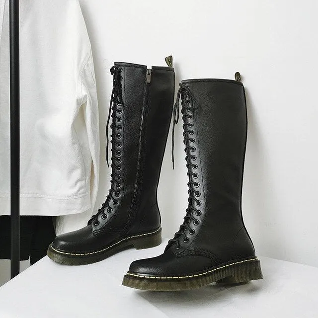 Women Knight Boots Round Toe Cross Tied Side